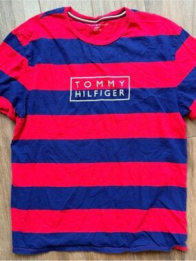 Tommy Hilfiger Red and Navy Striped Logo Short Sleeve Tee